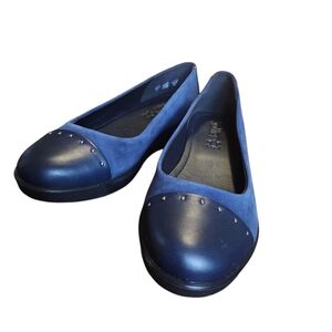 HOTTER Angel Low Wedge Slip On Size 7.5 Navy Blue Nubuck Suede Women's Flats NEW
